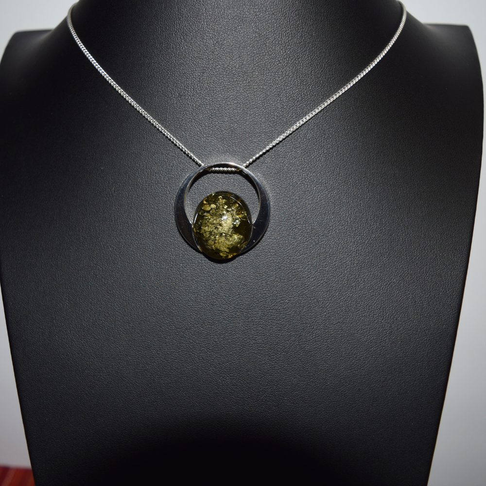 Verdant Halo - The Luminous Green Amber Orb 925 Sterling Silver Necklace (Pendant with Sterling Silver Chain)