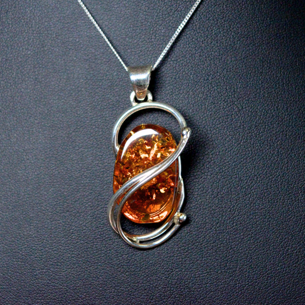 Behold the "Helix of Amber Light," - Baltic Amber Elegance in Twisted 925 Sterling Silver Necklace (Pendant with Sterling Silver Chain)