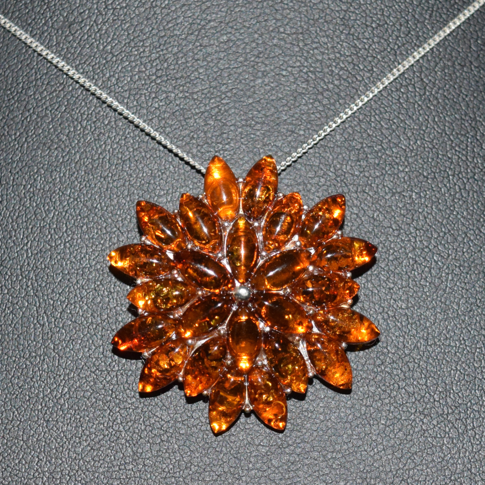 Amber Blossom - Classic Multi-Stone Floral Baltic Amber 925 Sterling Silver Necklace (Pendant with Sterling Sliver Chain)