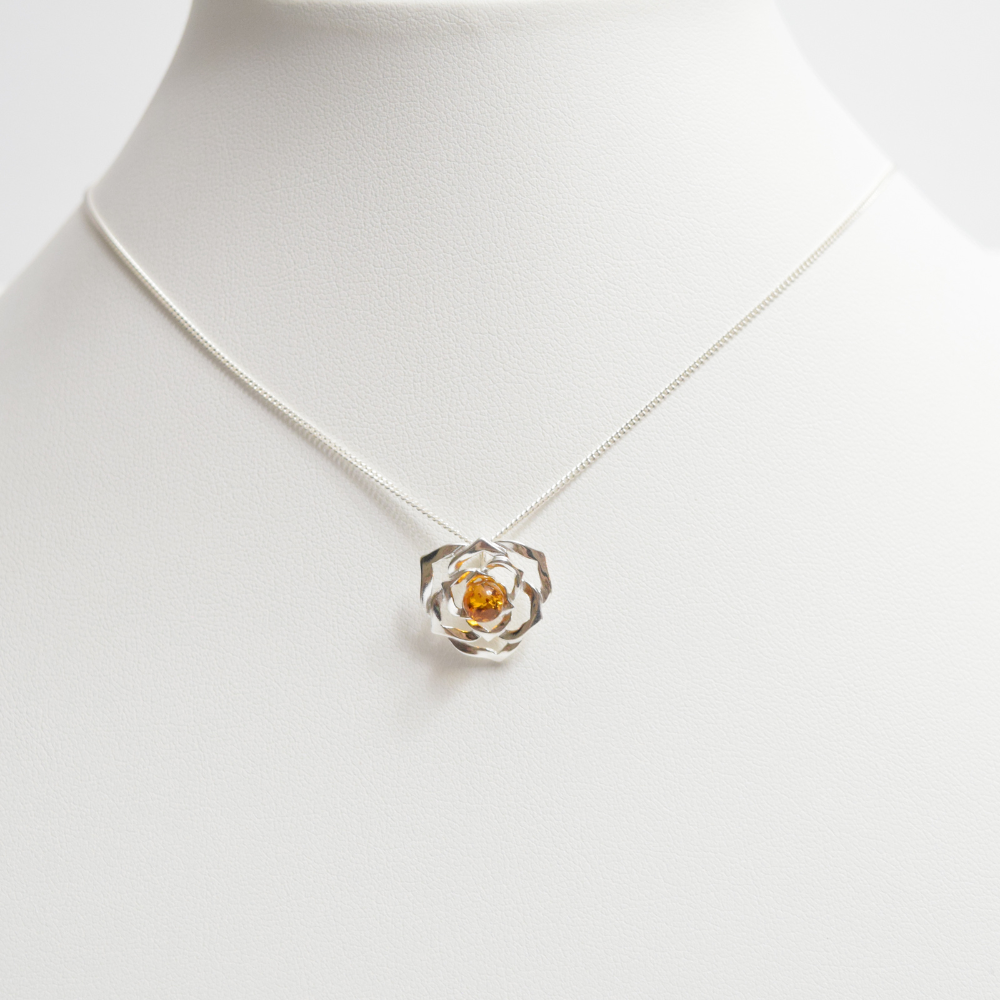 Amber Rose Elegance - Baltic Amber 925 Sterling Silver Rose Necklace (Pendant with Sterling Silver Chain)