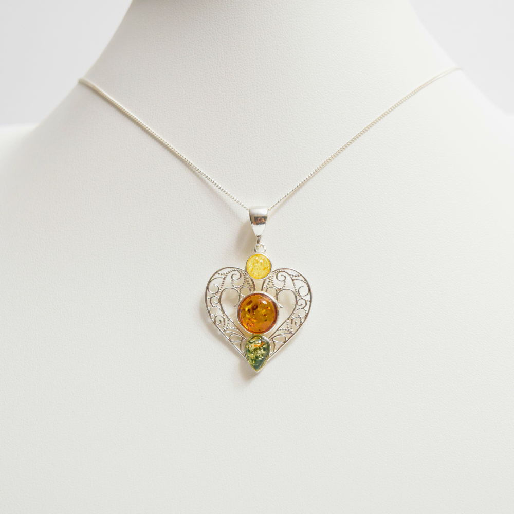 Amber Heart Symphony - Tricolor Baltic Amber 925 Sterling Silver Necklace (Pendant with Sterling Silver Chain)