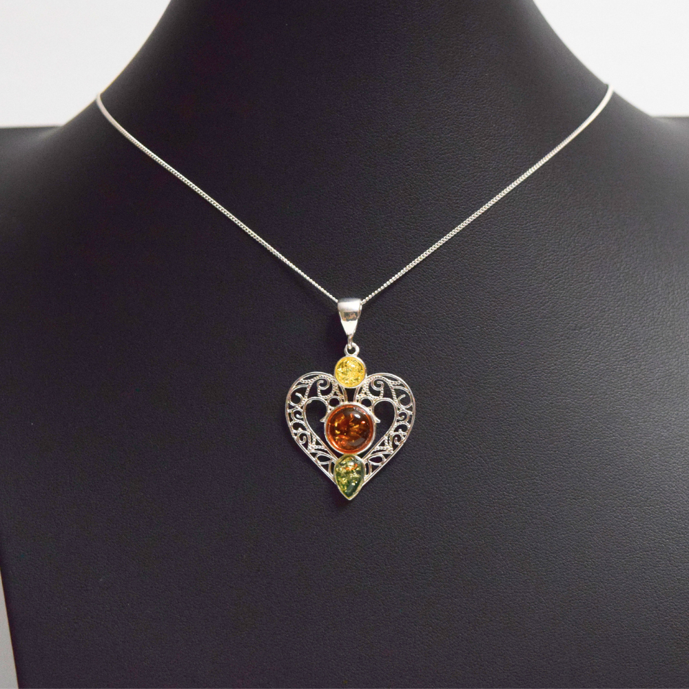 Amber Heart Symphony - Tricolor Baltic Amber 925 Sterling Silver Necklace (Pendant with Sterling Silver Chain)
