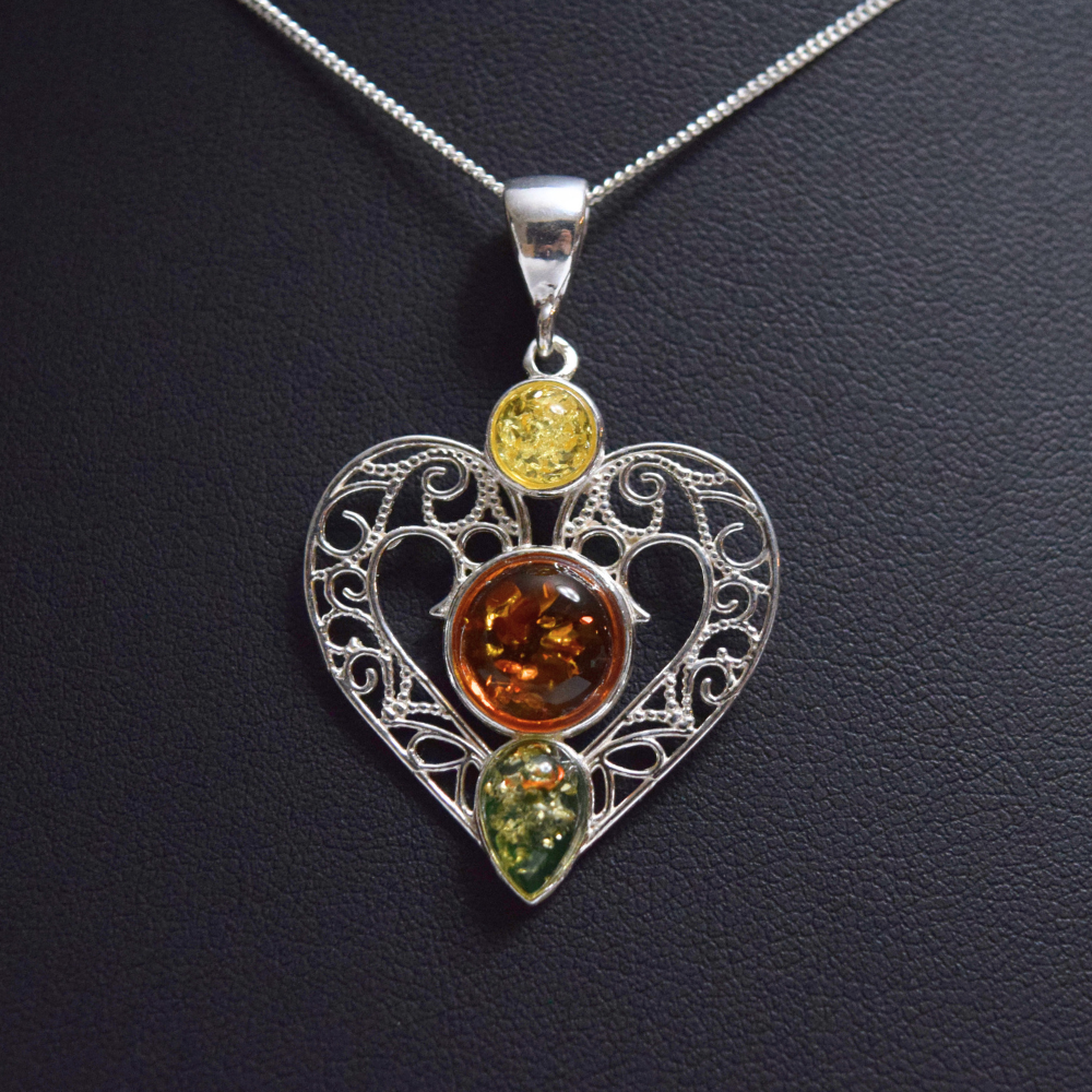 Amber Heart Symphony - Tricolor Baltic Amber 925 Sterling Silver Necklace (Pendant with Sterling Silver Chain)