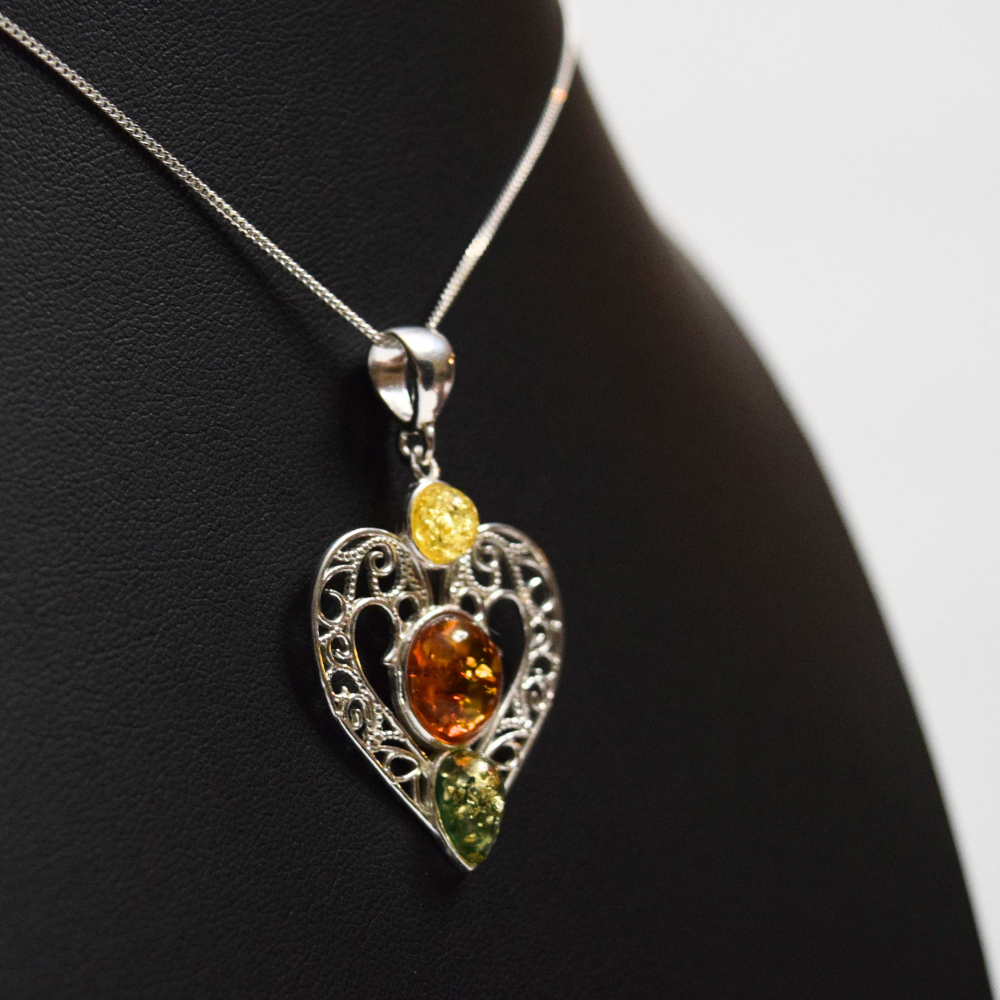Amber Heart Symphony - Tricolor Baltic Amber 925 Sterling Silver Necklace (Pendant with Sterling Silver Chain)