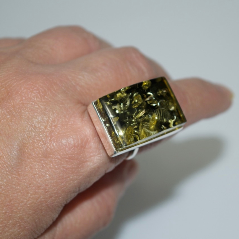 Emerald Horizon - Olive Green Baltic Amber 925 Sterling Silver Rectangular Ring