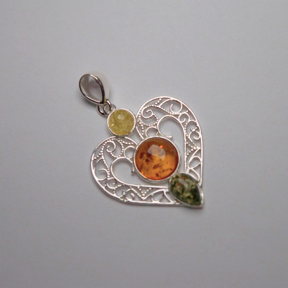 Amber Heart Symphony - Tricolor Baltic Amber 925 Sterling Silver Necklace (Pendant with Sterling Silver Chain)