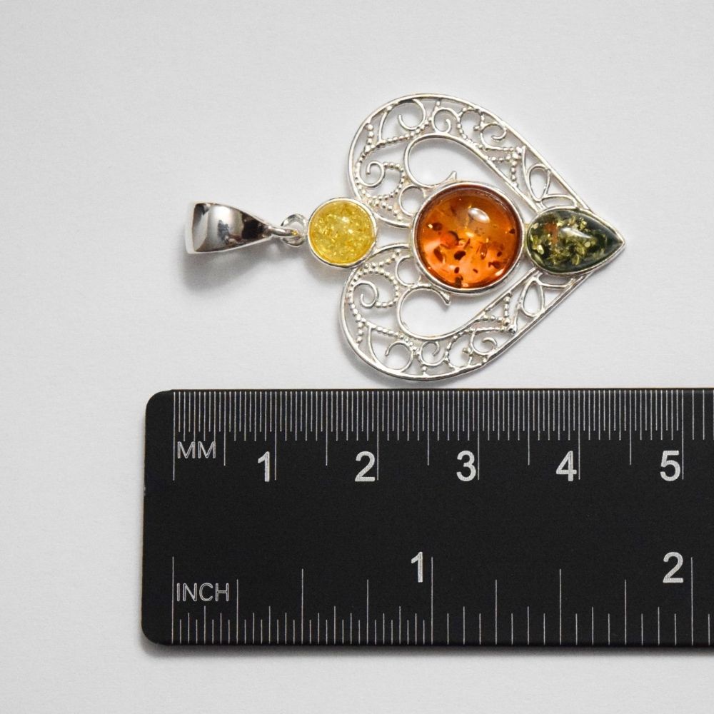 Amber Heart Symphony - Tricolor Baltic Amber 925 Sterling Silver Necklace (Pendant with Sterling Silver Chain)