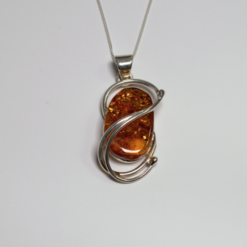 Behold the "Helix of Amber Light," - Baltic Amber Elegance in Twisted 925 Sterling Silver Necklace (Pendant with Sterling Silver Chain)