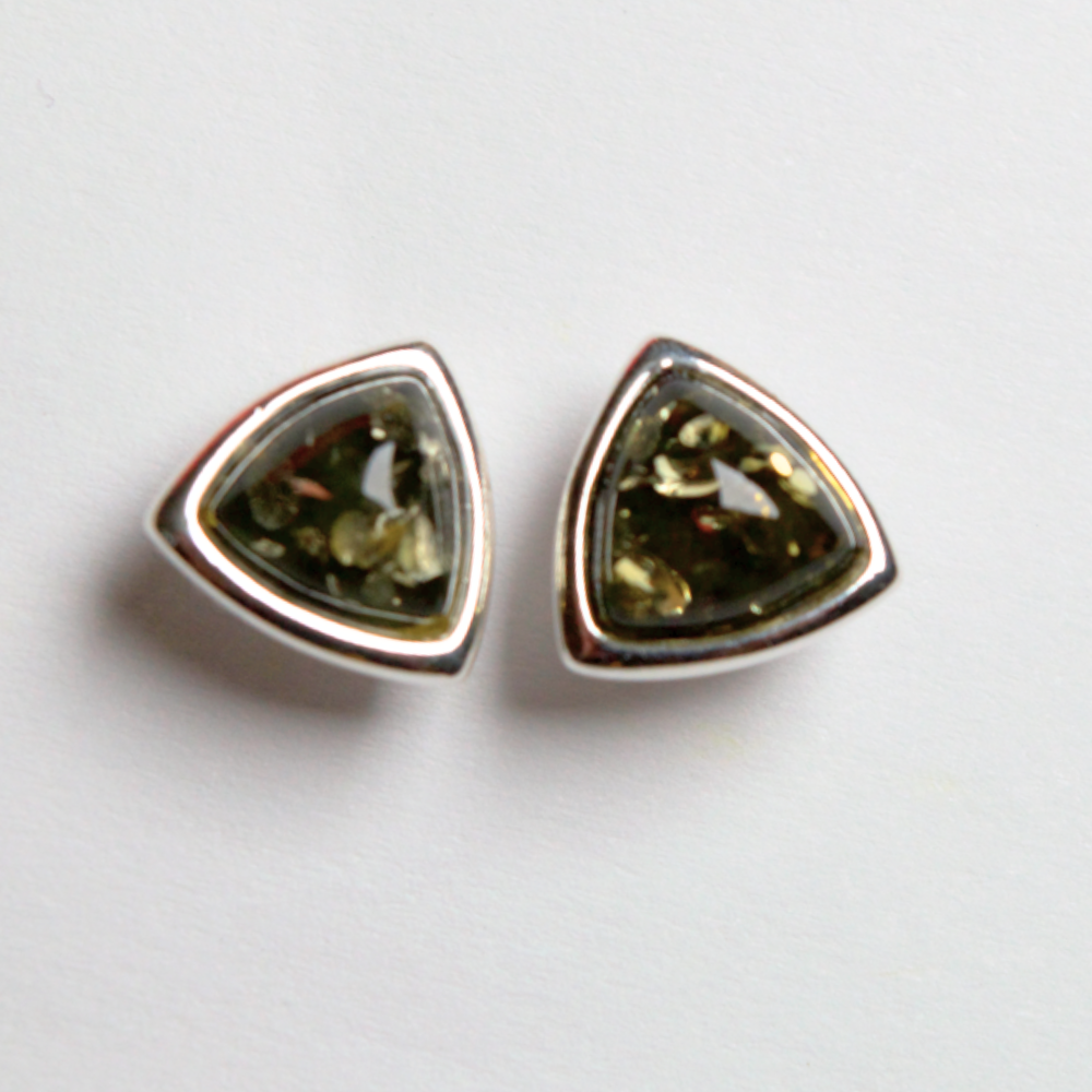 Emerald Edge - Modern Green Amber Triangular 925 Sterling Silver Stud Earrings