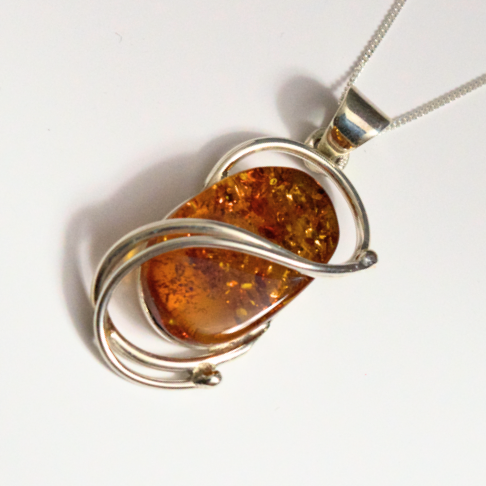 Behold the "Helix of Amber Light," - Baltic Amber Elegance in Twisted 925 Sterling Silver Necklace (Pendant with Sterling Silver Chain)