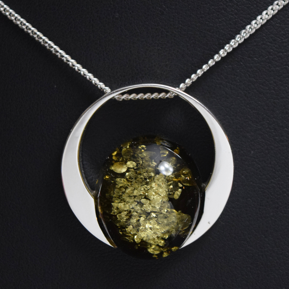 Verdant Halo - The Luminous Green Amber Orb 925 Sterling Silver Necklace (Pendant with Sterling Silver Chain)