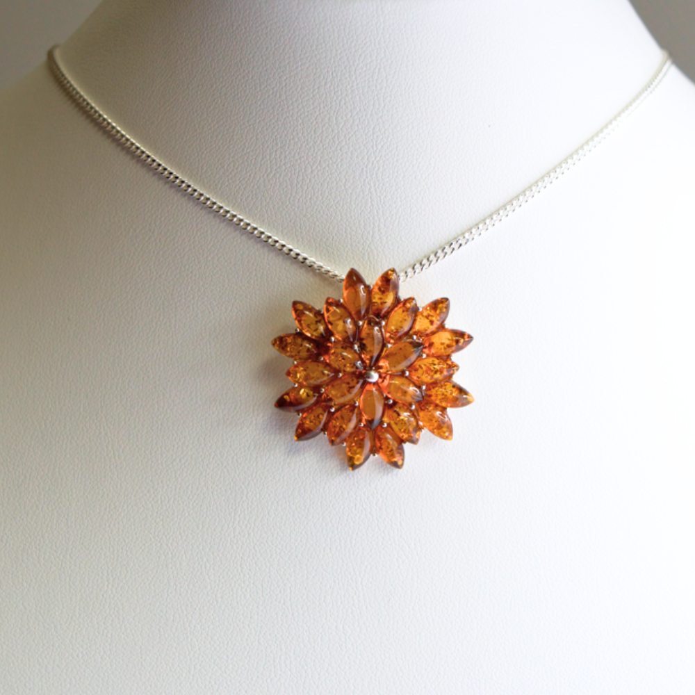 Amber Blossom - Classic Multi-Stone Floral Baltic Amber 925 Sterling Silver Necklace (Pendant with Sterling Sliver Chain)