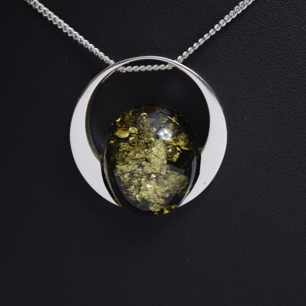 Verdant Halo - The Luminous Green Amber Orb 925 Sterling Silver Necklace (Pendant with Sterling Silver Chain)