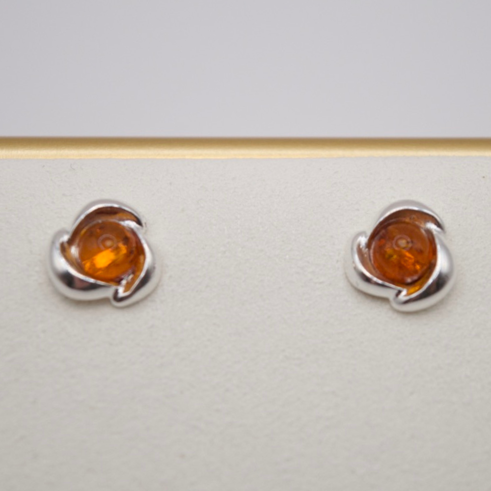 Amber Blossom Petals - Petite Cognac Baltic Amber 925 Sterling Silver Stud Earrings