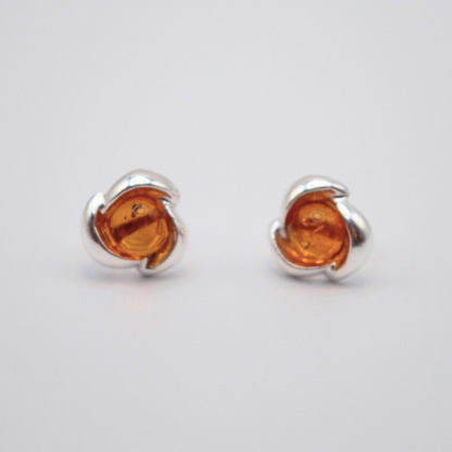 Amber Blossom Petals - Petite Cognac Baltic Amber 925 Sterling Silver Stud Earrings