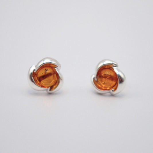 Amber Blossom Petals - Petite Cognac Baltic Amber 925 Sterling Silver Stud Earrings