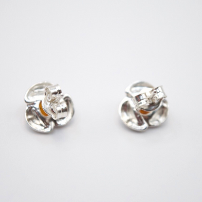 Amber Blossom Petals - Petite Cognac Baltic Amber 925 Sterling Silver Stud Earrings