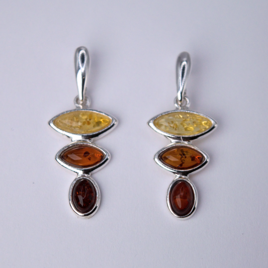 Amber Cascade - Modern Tri-Tone Baltic Amber 925 Sterling Silver Drop Earrings