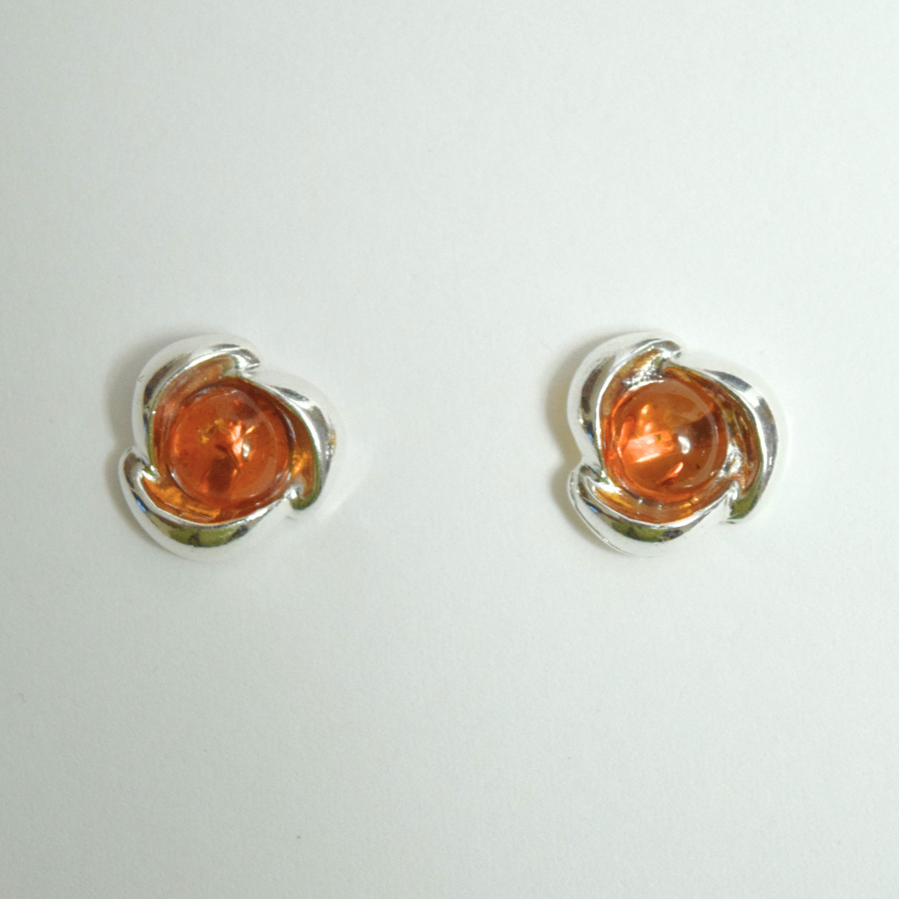 Amber Blossom Petals - Petite Cognac Baltic Amber 925 Sterling Silver Stud Earrings