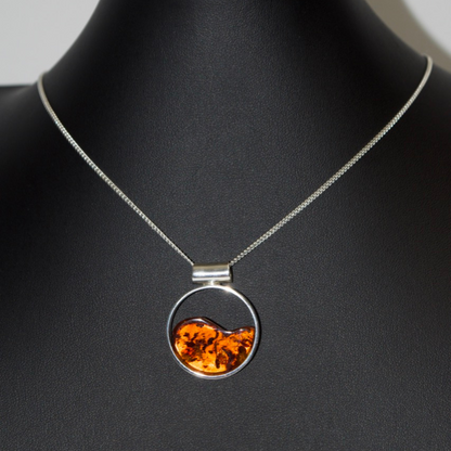 Cognac Harmony - The Encircled Amber Luminescence 925 Sterling Silver Necklace (Pendant with Sterling Silver Chain)