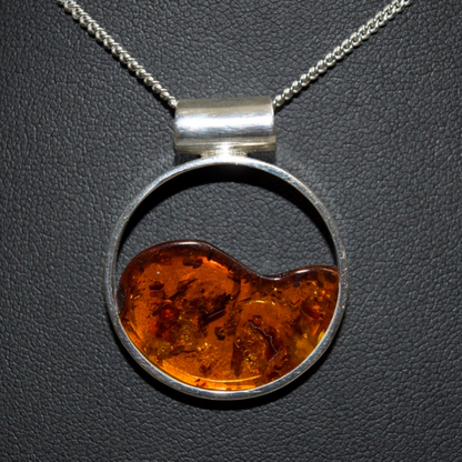 Cognac Harmony - The Encircled Amber Luminescence 925 Sterling Silver Necklace (Pendant with Sterling Silver Chain)