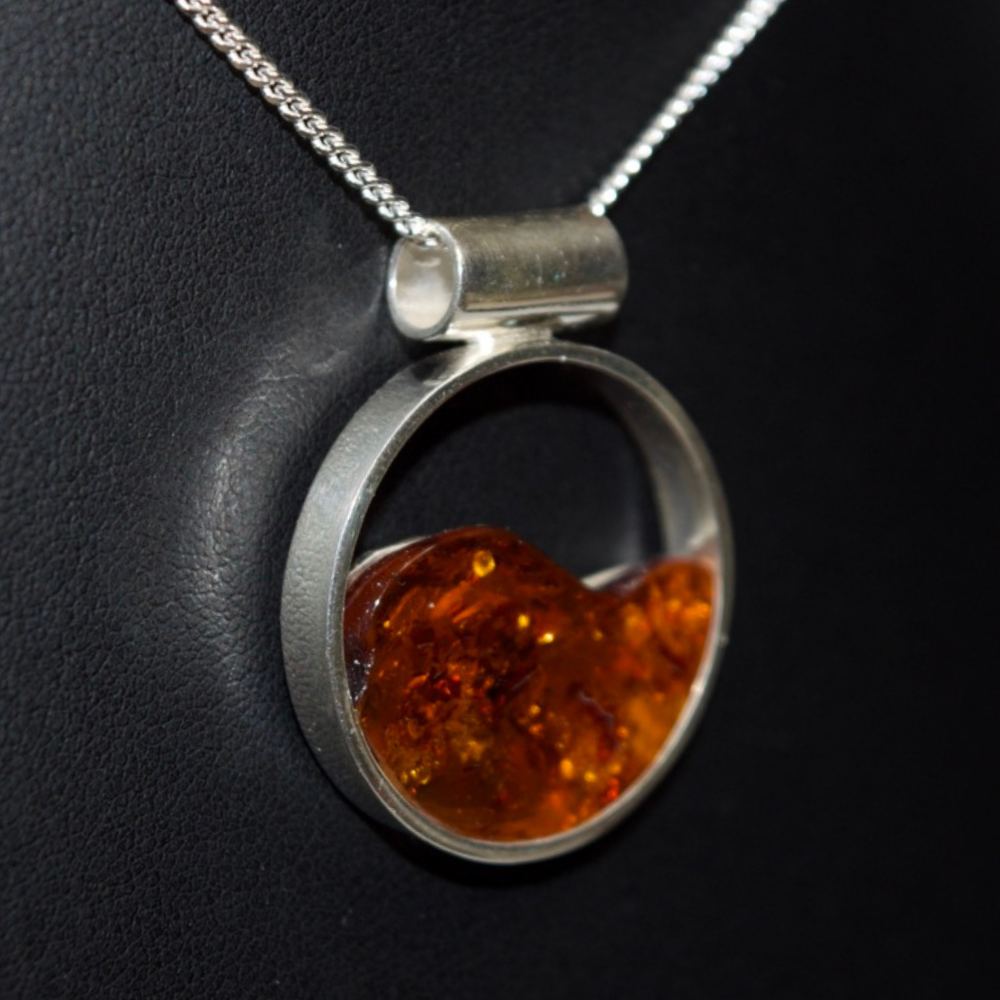 Cognac Harmony - The Encircled Amber Luminescence 925 Sterling Silver Necklace (Pendant with Sterling Silver Chain)