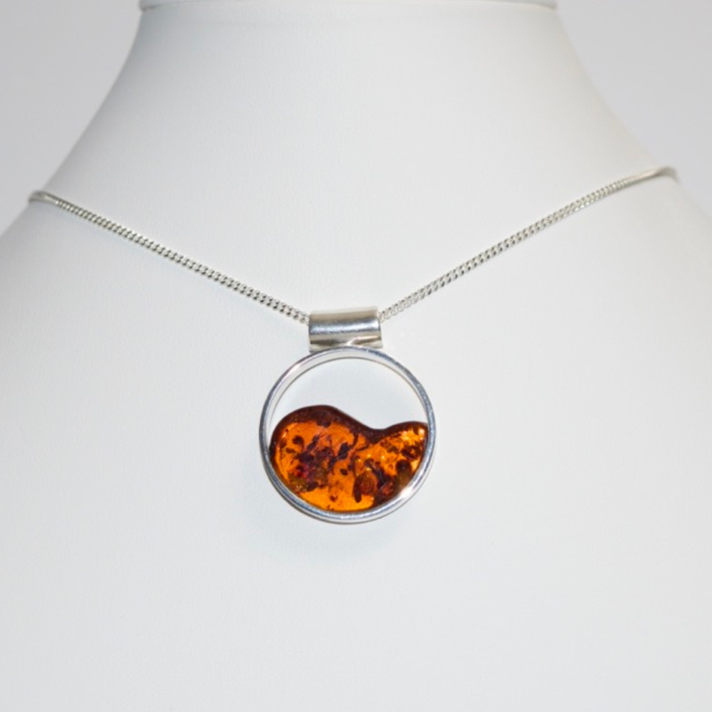 Cognac Harmony - The Encircled Amber Luminescence 925 Sterling Silver Necklace (Pendant with Sterling Silver Chain)