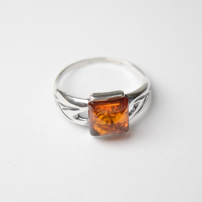 Cognac Solitaire - A Beautiful Square Amber 925 Sterling Silver Ring