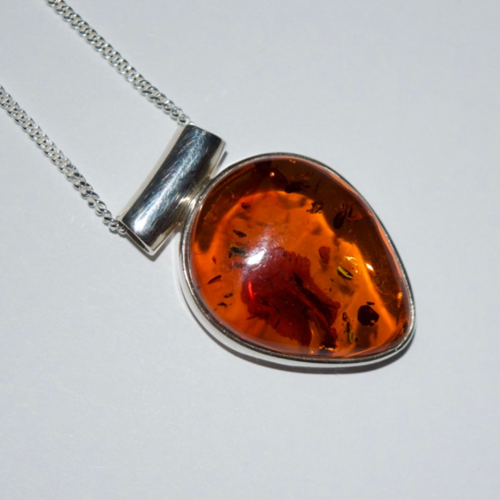 Cognac Elegance - The Amber Teardrop Vision 925 Sterling Silver Necklace (Pendant with Sterling Silver Chain)