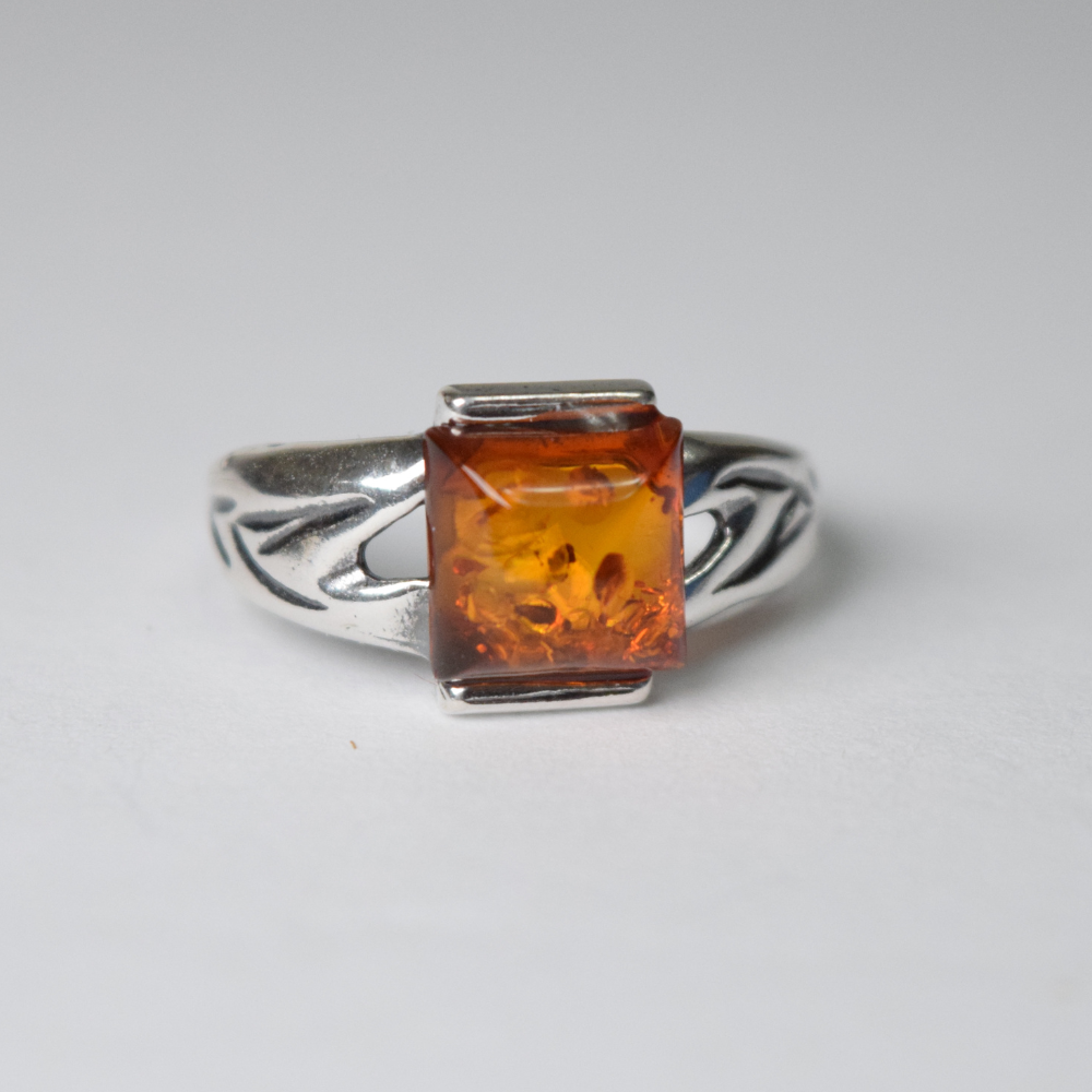 Cognac Solitaire - A Beautiful Square Amber 925 Sterling Silver Ring