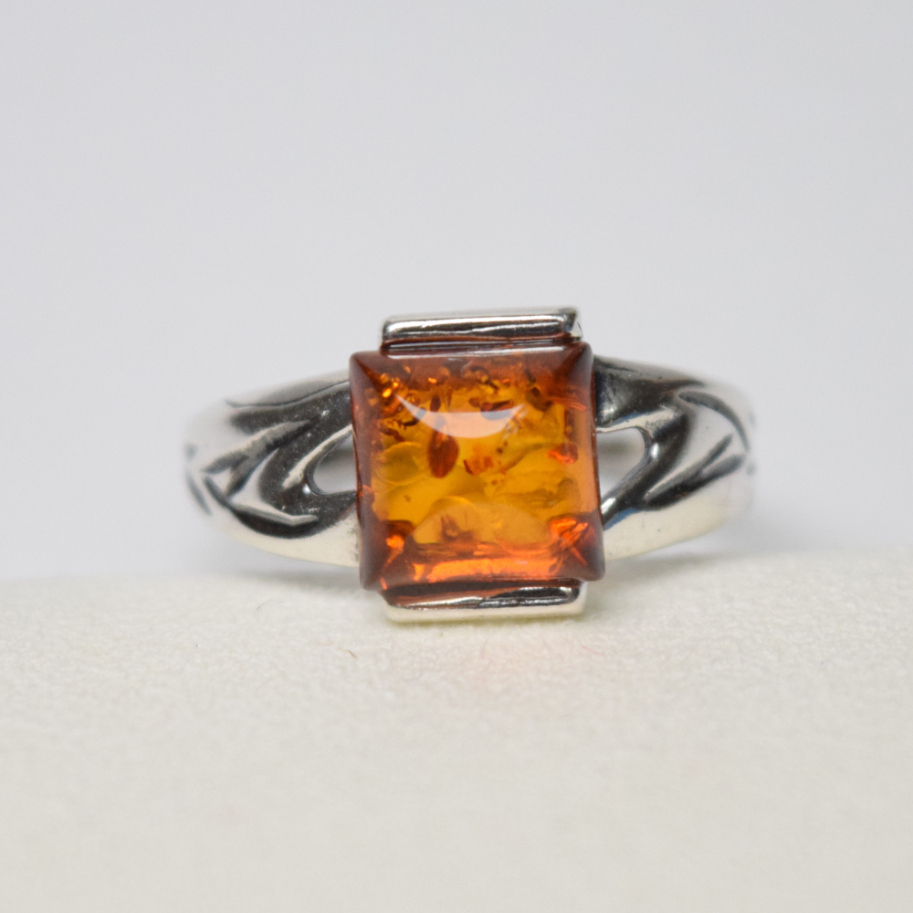 Cognac Solitaire - A Beautiful Square Amber 925 Sterling Silver Ring