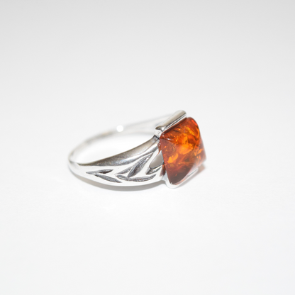 Cognac Solitaire - A Beautiful Square Amber 925 Sterling Silver Ring