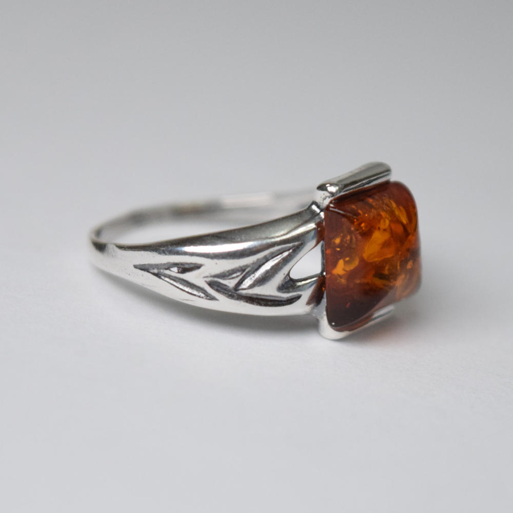 Cognac Solitaire - A Beautiful Square Amber 925 Sterling Silver Ring