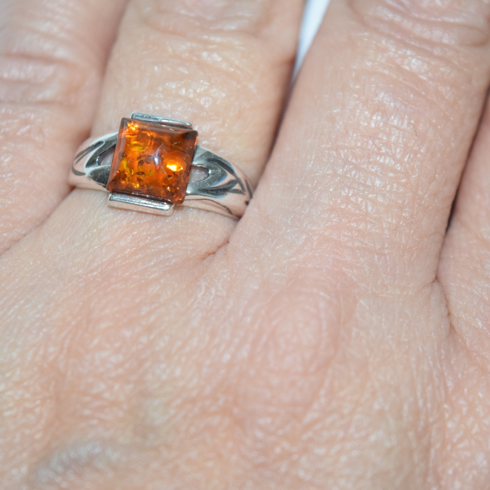 Cognac Solitaire - A Beautiful Square Amber 925 Sterling Silver Ring