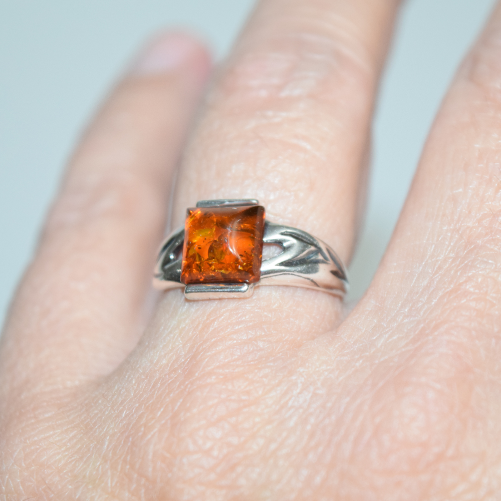 Cognac Solitaire - A Beautiful Square Amber 925 Sterling Silver Ring