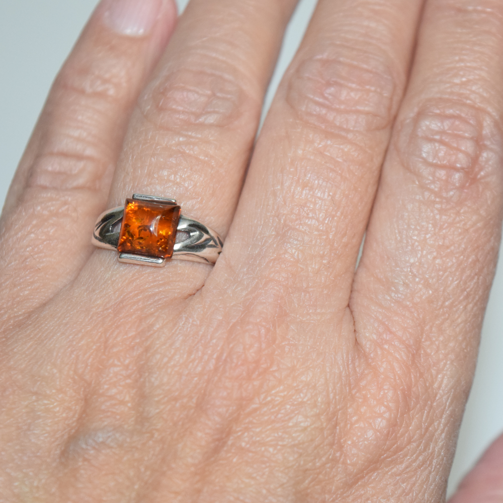 Cognac Solitaire - A Beautiful Square Amber 925 Sterling Silver Ring