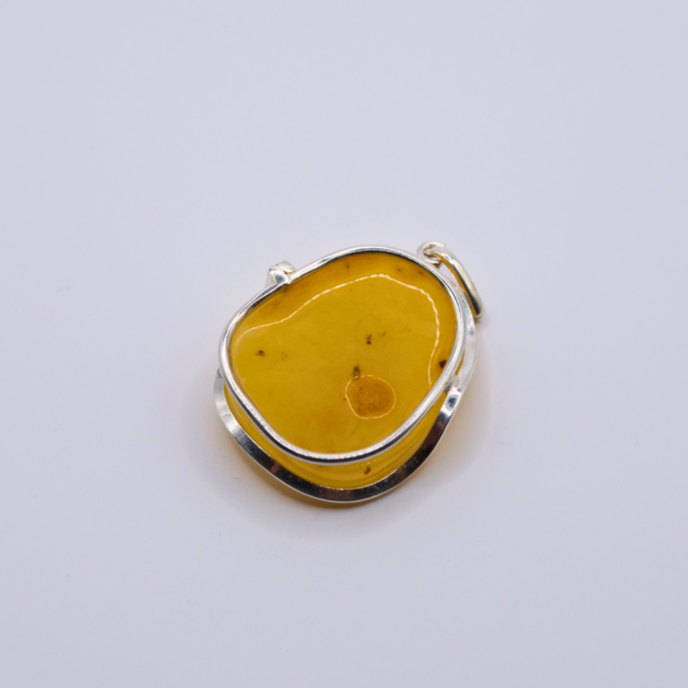 Lemon Luminescence - 925 Sterling Silver Encased Baltic Amber Necklace (Pendant with Sterling Silver Chain)