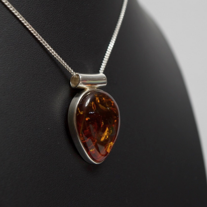 Cognac Elegance - The Amber Teardrop Vision 925 Sterling Silver Necklace (Pendant with Sterling Silver Chain)