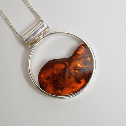 Cognac Harmony - The Encircled Amber Luminescence 925 Sterling Silver Necklace (Pendant with Sterling Silver Chain)