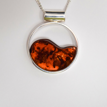 Cognac Harmony - The Encircled Amber Luminescence 925 Sterling Silver Necklace (Pendant with Sterling Silver Chain)