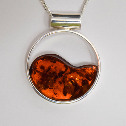 Cognac Harmony - The Encircled Amber Luminescence 925 Sterling Silver Necklace (Pendant with Sterling Silver Chain)