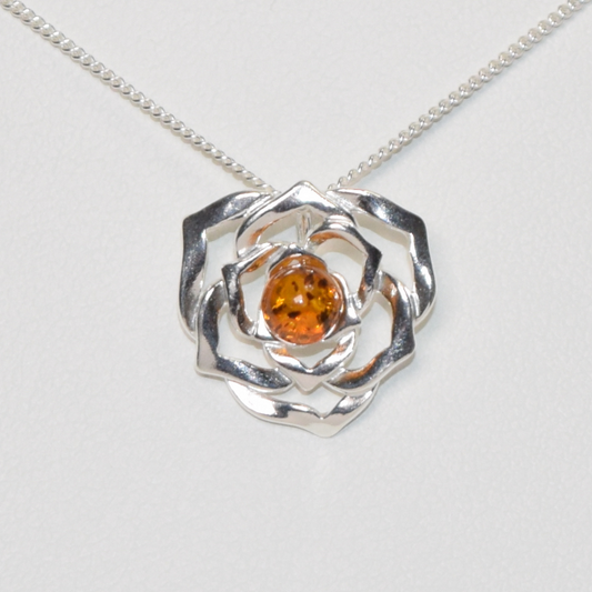 Amber Rose Elegance - Baltic Amber 925 Sterling Silver Rose Necklace (Pendant with Sterling Silver Chain)