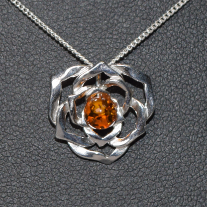 Amber Rose Elegance - Baltic Amber 925 Sterling Silver Rose Necklace (Pendant with Sterling Silver Chain)