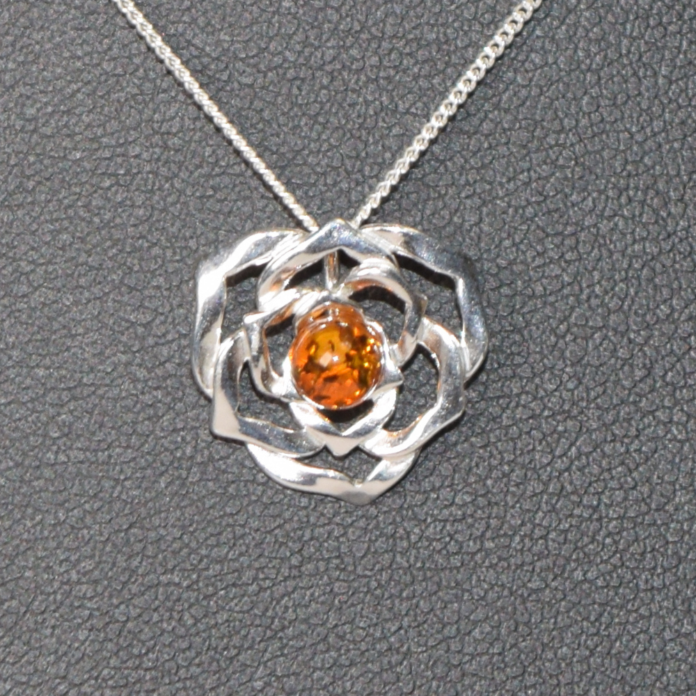 Amber Rose Elegance - Baltic Amber 925 Sterling Silver Rose Necklace (Pendant with Sterling Silver Chain)