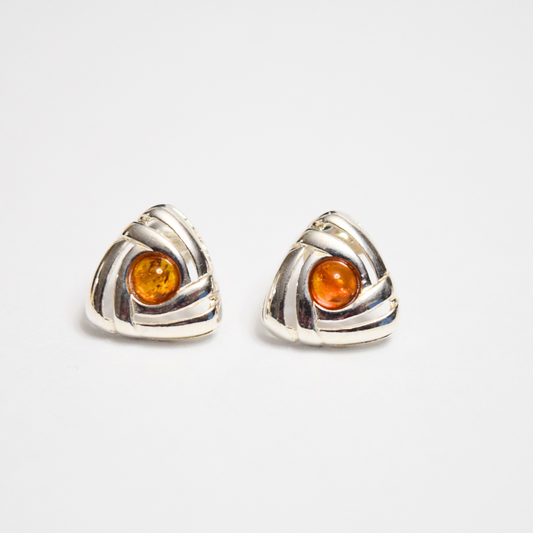 Cognac Charm - The Triangular Celtic Baltic Amber Stud Earrings in 925 Sterling Silver