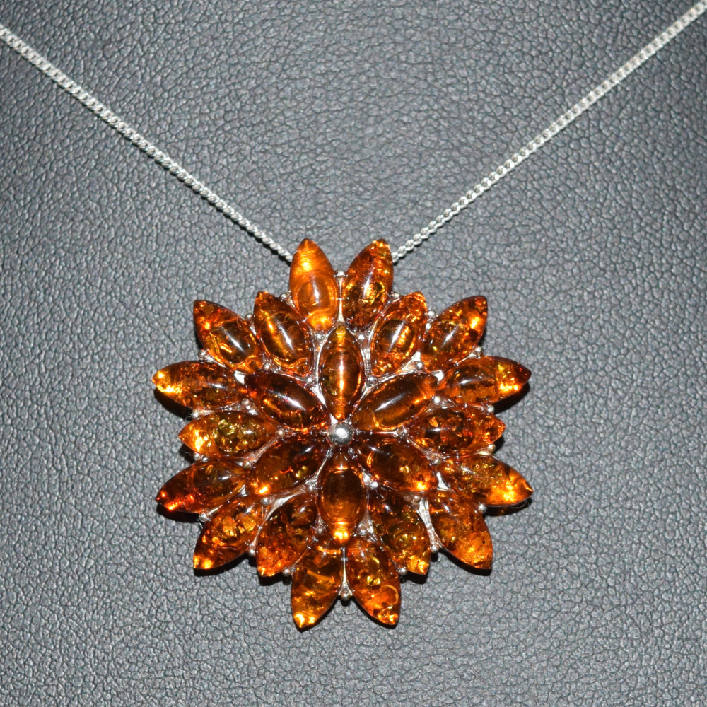 Amber Blossom - Classic Multi-Stone Floral Baltic Amber 925 Sterling Silver Necklace (Pendant with Sterling Sliver Chain)