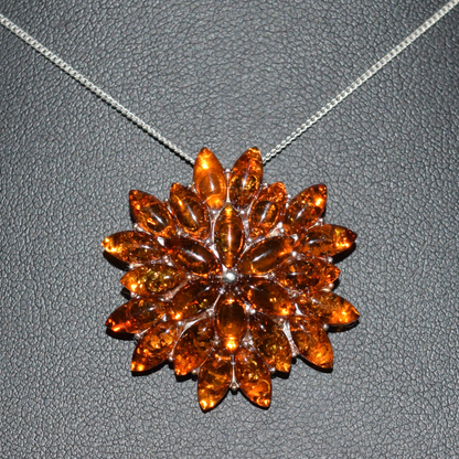 Amber Blossom - Classic Multi-Stone Floral Baltic Amber 925 Sterling Silver Necklace (Pendant with Sterling Sliver Chain)