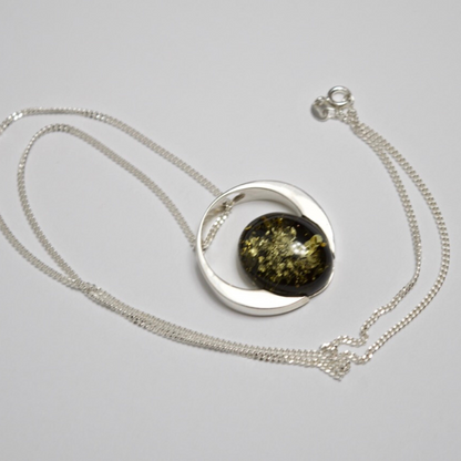 Verdant Halo - The Luminous Green Amber Orb 925 Sterling Silver Necklace (Pendant with Sterling Silver Chain)