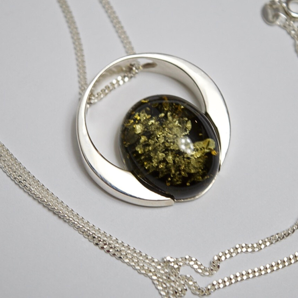 Verdant Halo - The Luminous Green Amber Orb 925 Sterling Silver Necklace (Pendant with Sterling Silver Chain)