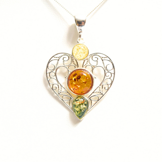 Amber Heart Symphony - Tricolor Baltic Amber 925 Sterling Silver Necklace (Pendant with Sterling Silver Chain)